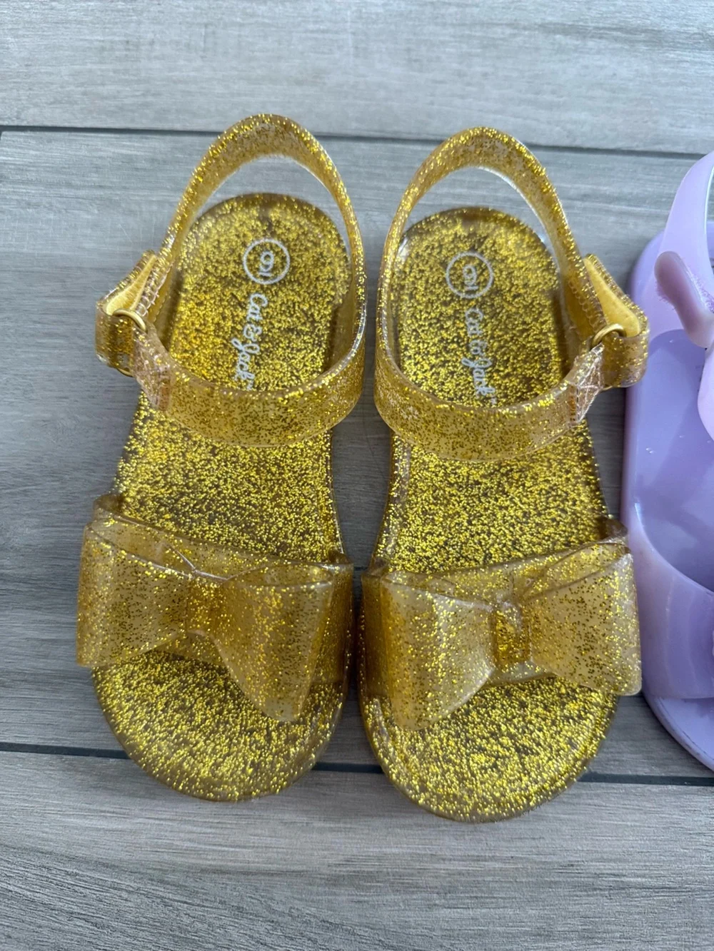 Cat & Jack Gold Glitter Sandals & Old Navy Lavender Floral Jelly Sandals size 9 - Picture 2 of 5